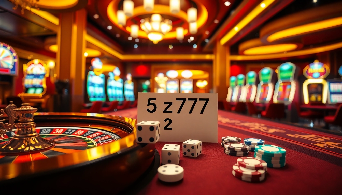 Experience the thrill of winning with 5z777 in a vibrant casino setting, featuring roulette and poker.