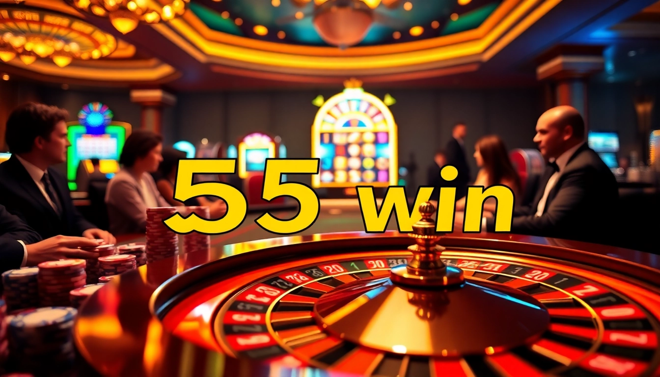 Experience the thrill of a 555 win at an upscale casino table with vibrant roulette and poker.