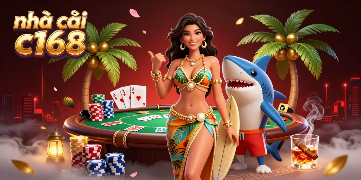 Join the excitement at nhà cái c168 with vibrant poker elements and a lively atmosphere in this dynamic digital illustration.