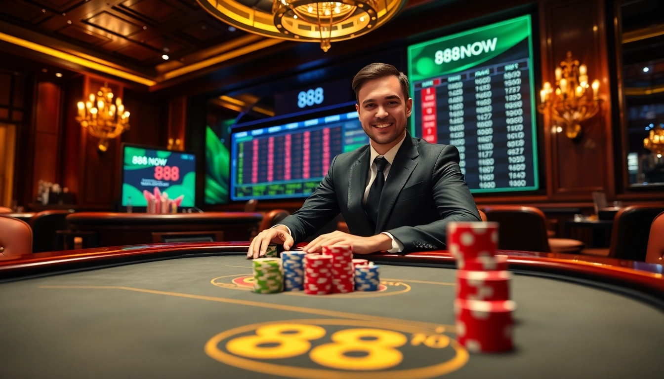 Experience the thrill of gambling at 888now with a luxurious casino scene featuring vibrant chips and a professional dealer.
