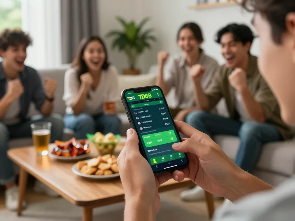 Player engaging with the TD88 sports betting app on smartphone, surrounded by friends, enhancing online gambling experience.