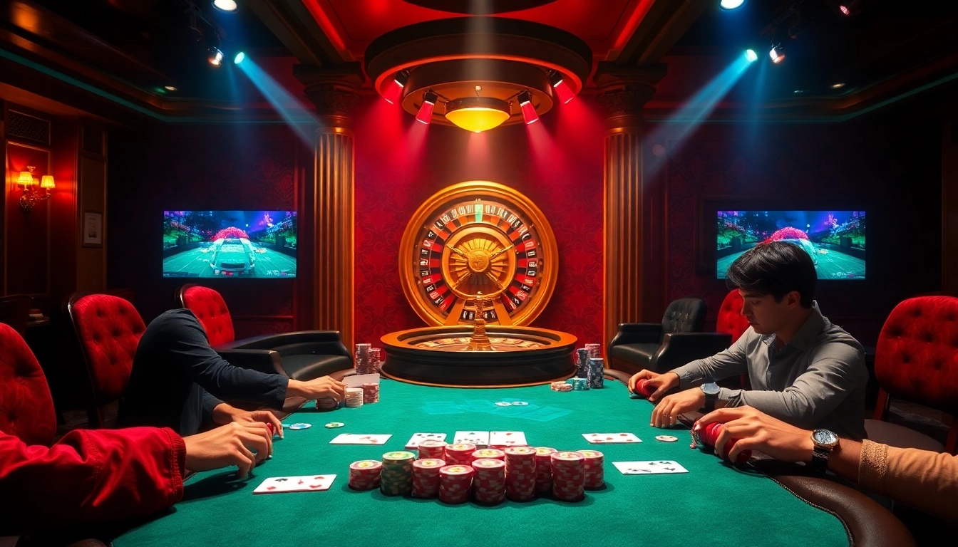 High-stakes poker game with vibrant chips and cards, echoing the excitement of 99win 03.