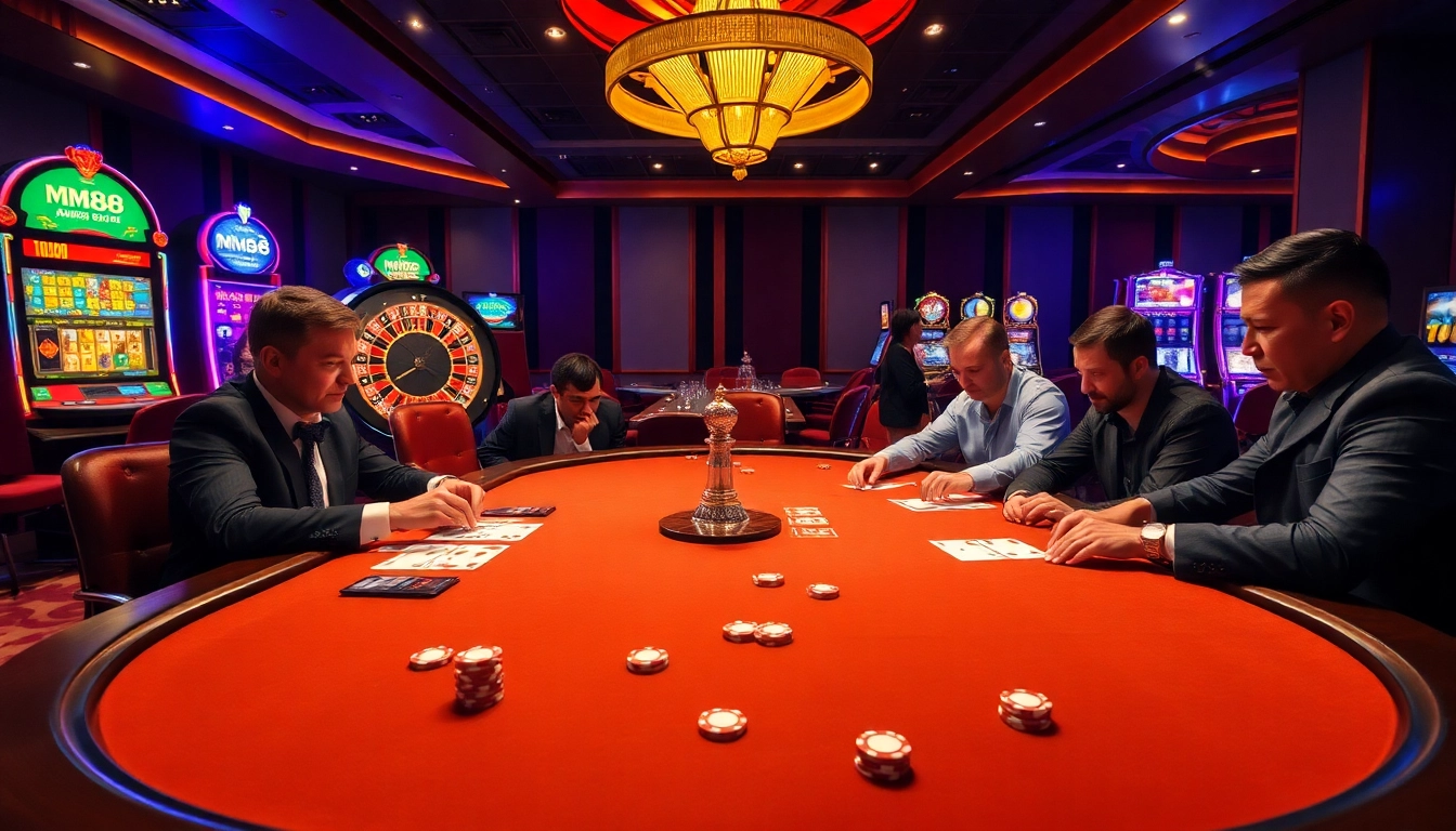 Experience the thrill of MM88 at this vibrant casino scene with poker tables and roulette wheels.