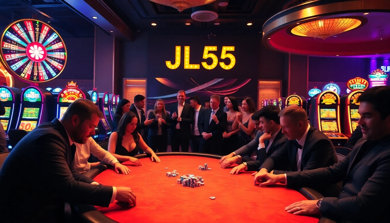 Play exciting poker at the luxurious JL55 casino table, with colorful chips and tense players.