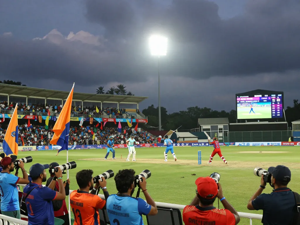 Crowd cheering with crickex promo code banners during a T20 World Cup match.