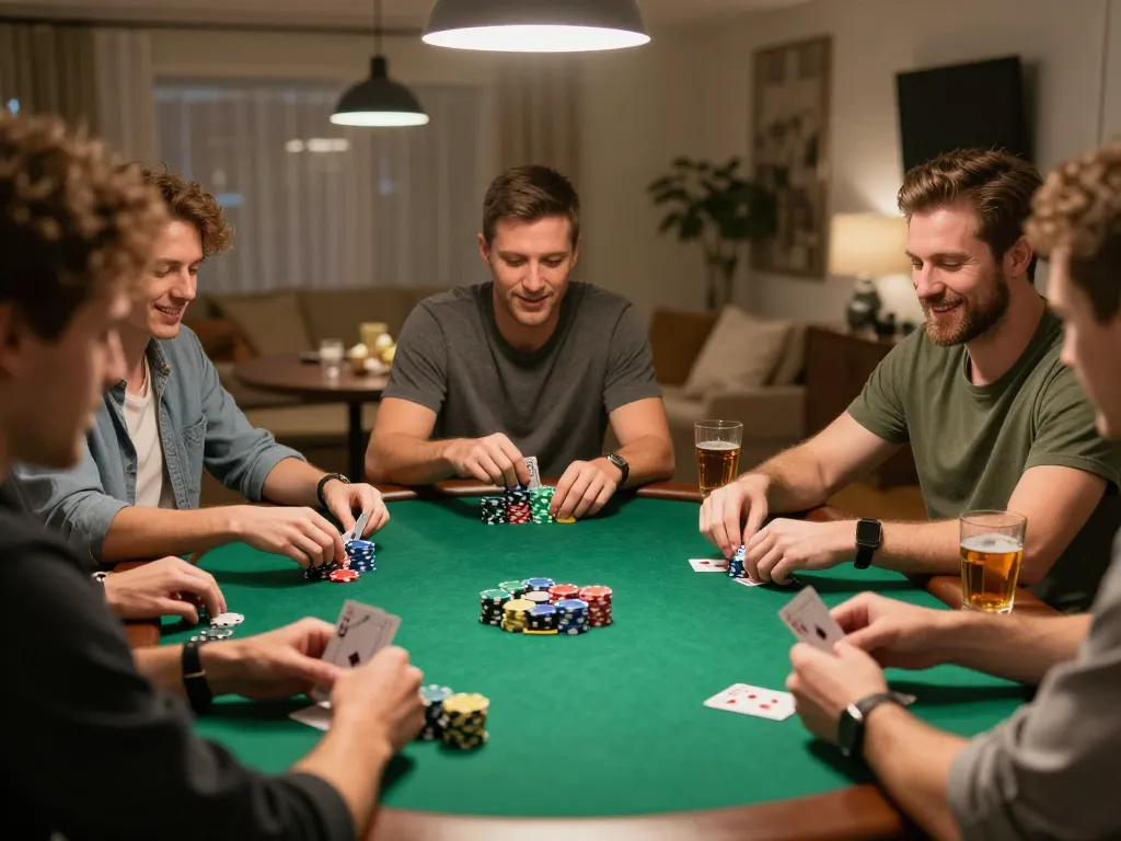 Kinh nghiệm chơi lô đề during a friendly poker night with friends, showcasing strategic interactions and warm atmosphere.