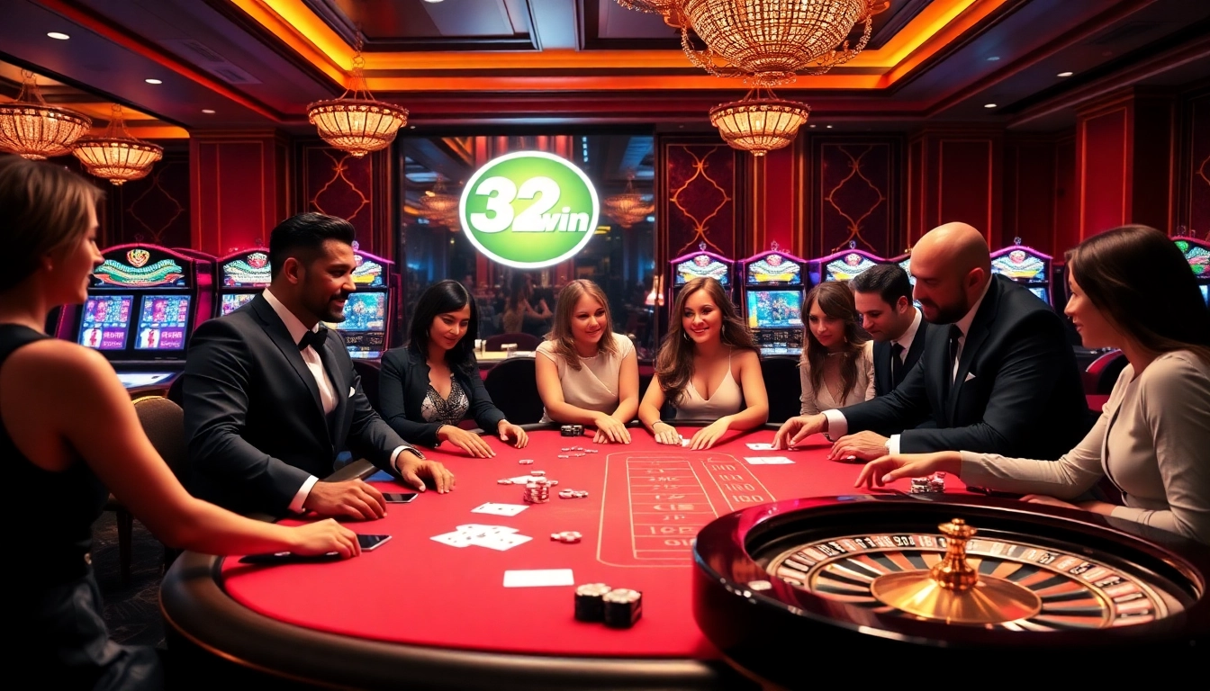 Players enjoying a game at the elegant 32win casino with vibrant slot machines nearby.