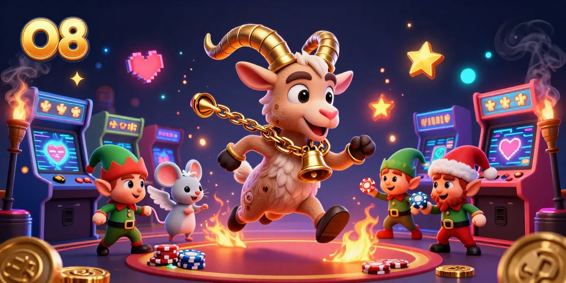 Engaging O8 casino scene with Krampus, an angel mouse, and elfin gremlins amid dazzling gaming activities.