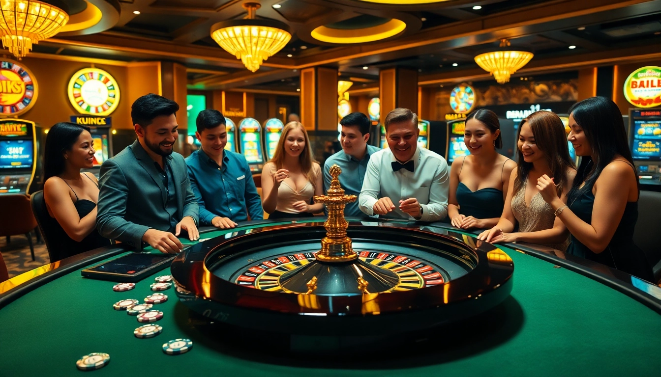 Kuwin players enjoying a thrilling game at a luxurious casino table with vibrant slot machines.