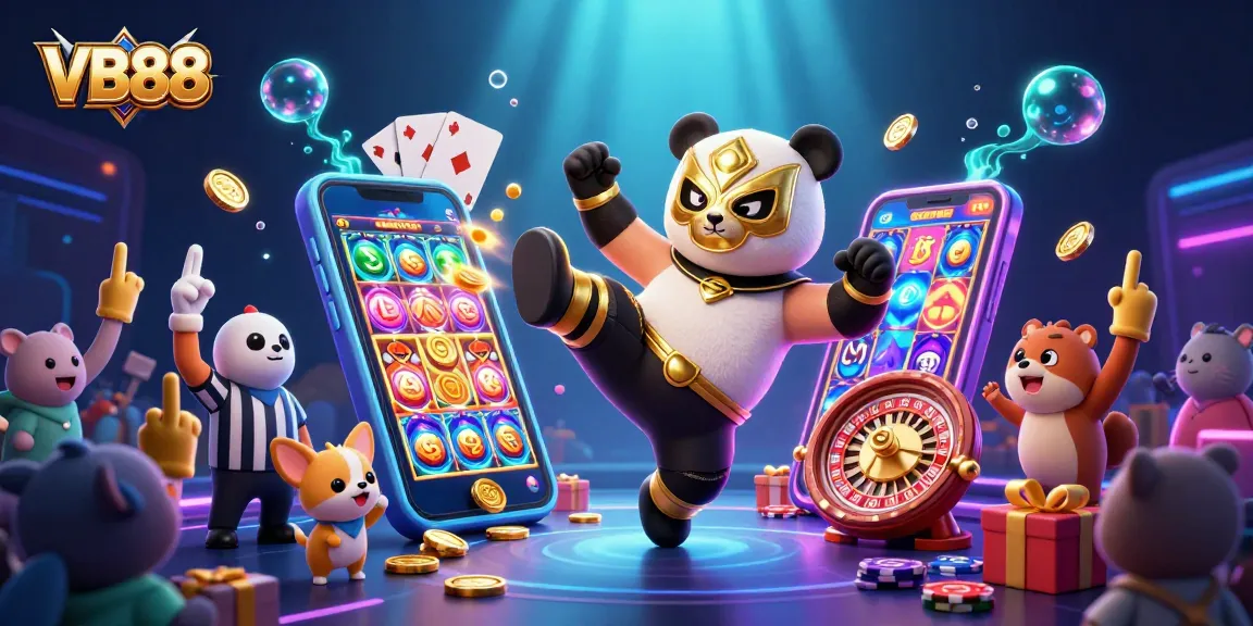 Engage in thrilling gameplay with VB88 as a panda wrestler performs a flying kick amid a dynamic casino scene.