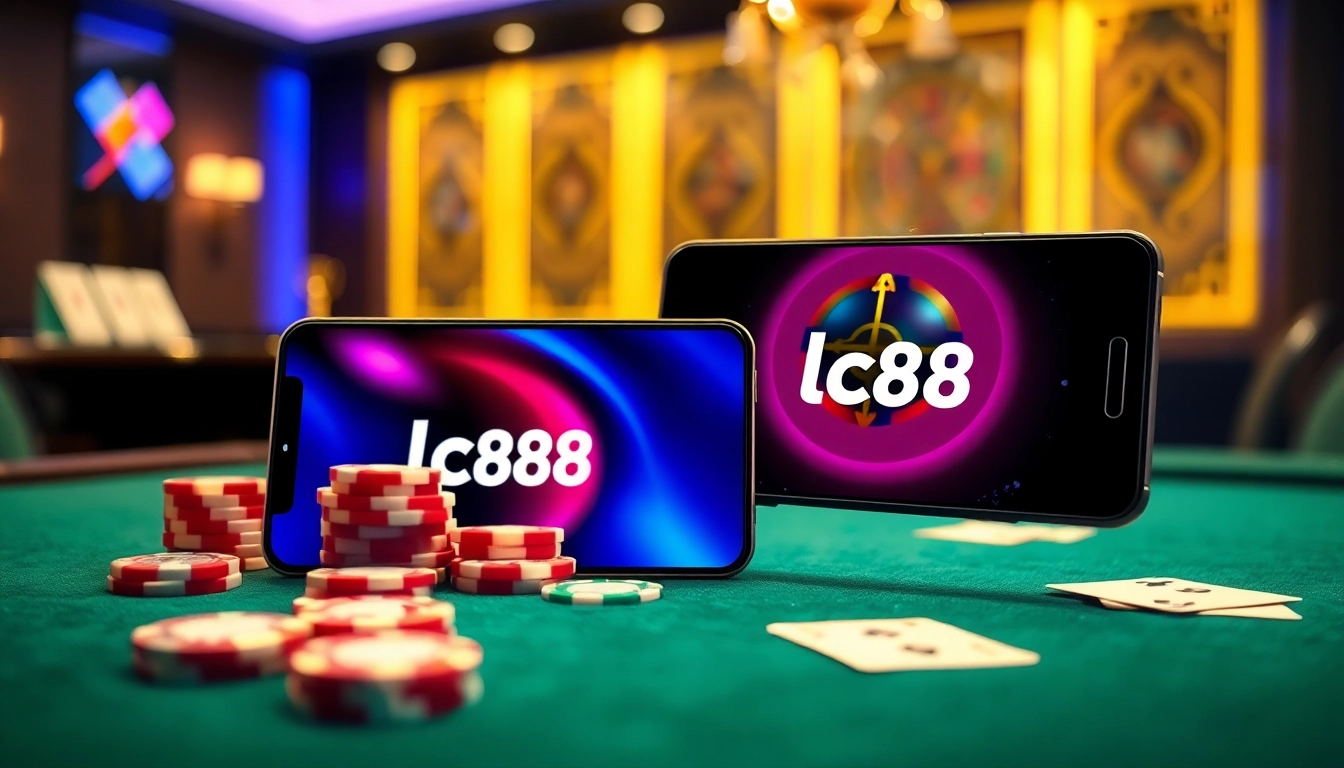 The app lc88 displayed on a stylish smartphone amidst a vibrant casino table filled with poker chips and cards.