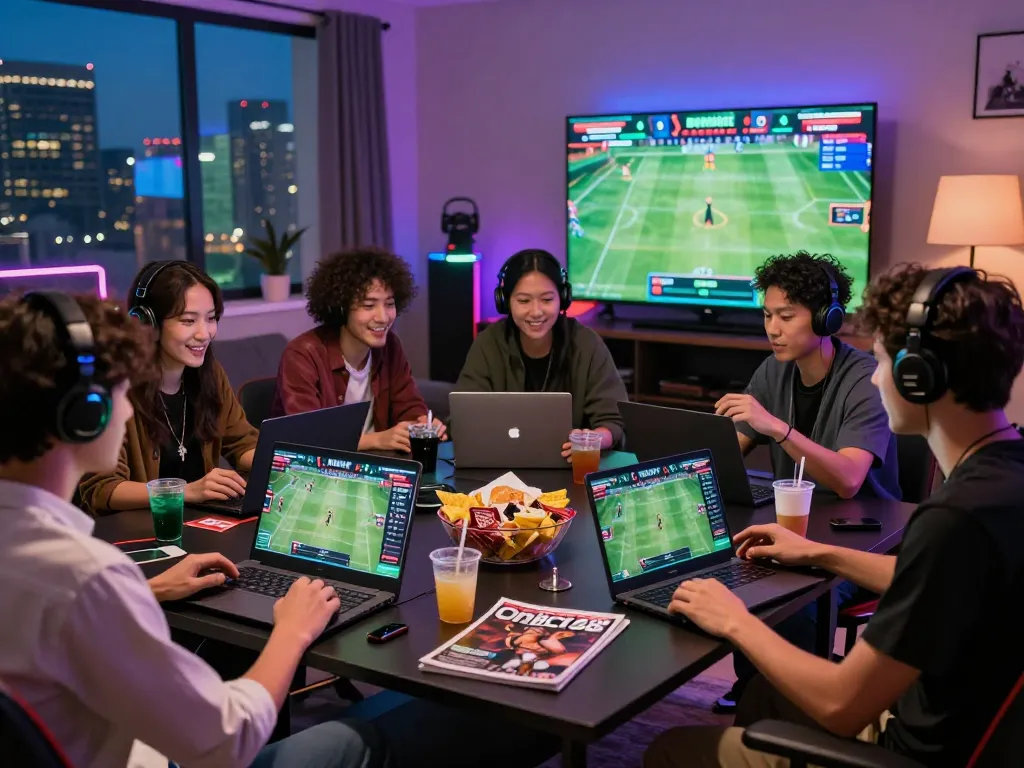 Friends enjoying online betting on Onbet 88, with laptops, sports events, and snacks in a lively atmosphere.
