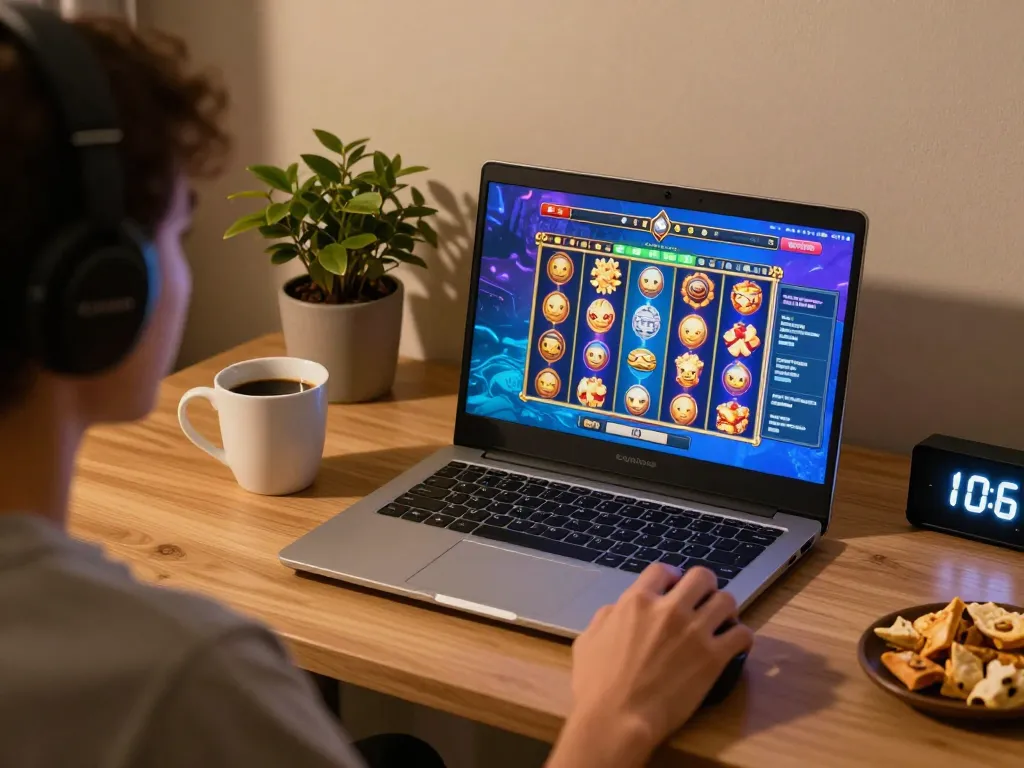 Engaging gaming scene with a person playing slot online on a laptop, showcasing colorful graphics and a cozy atmosphere.