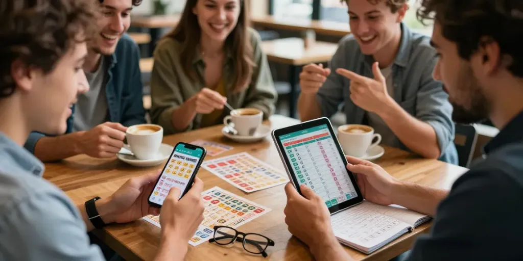 Suasana komunitas lotere dengan orang-orang menggunakan aplikasi ratutogel link di kafe.