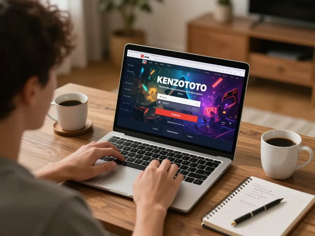 Pemain yang terlibat dalam login KENZOTOTO di laptop dengan catatan strategi di lingkungan yang nyaman.