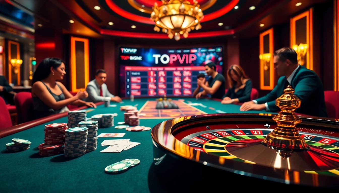 Experience the excitement at TOPVIP with a luxurious casino table featuring cards and chips.