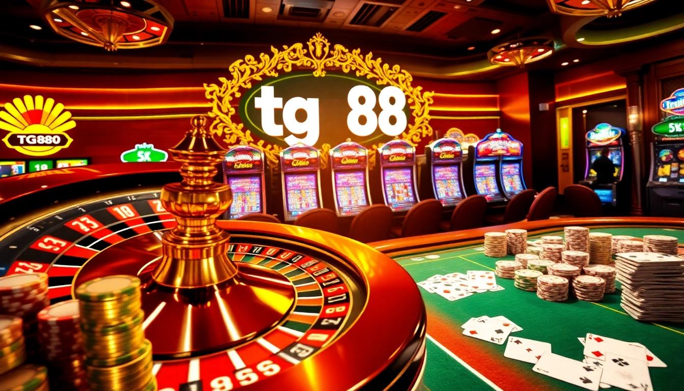 Experience the excitement of casino gaming elements including roulette, cards, and tg88 branding.