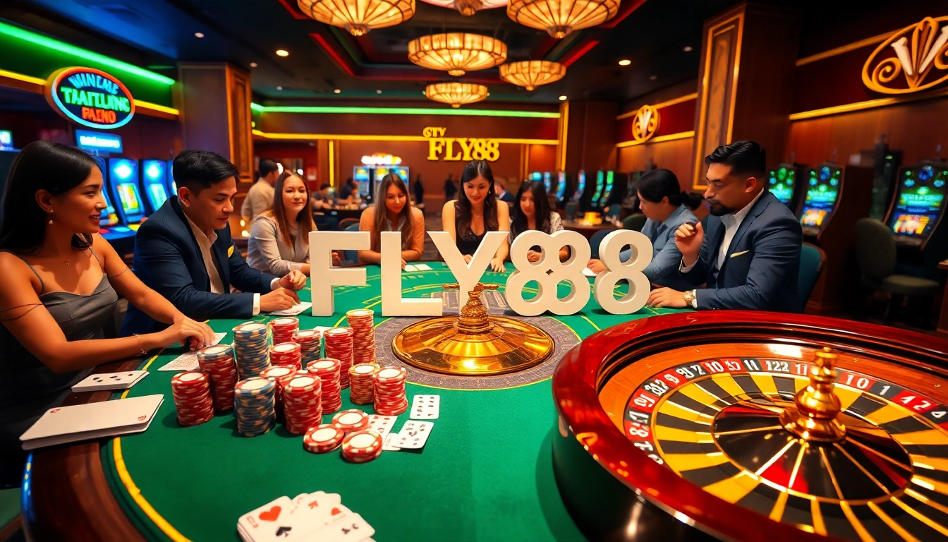FLY88 players enjoying a luxurious casino experience with poker cards and chips.