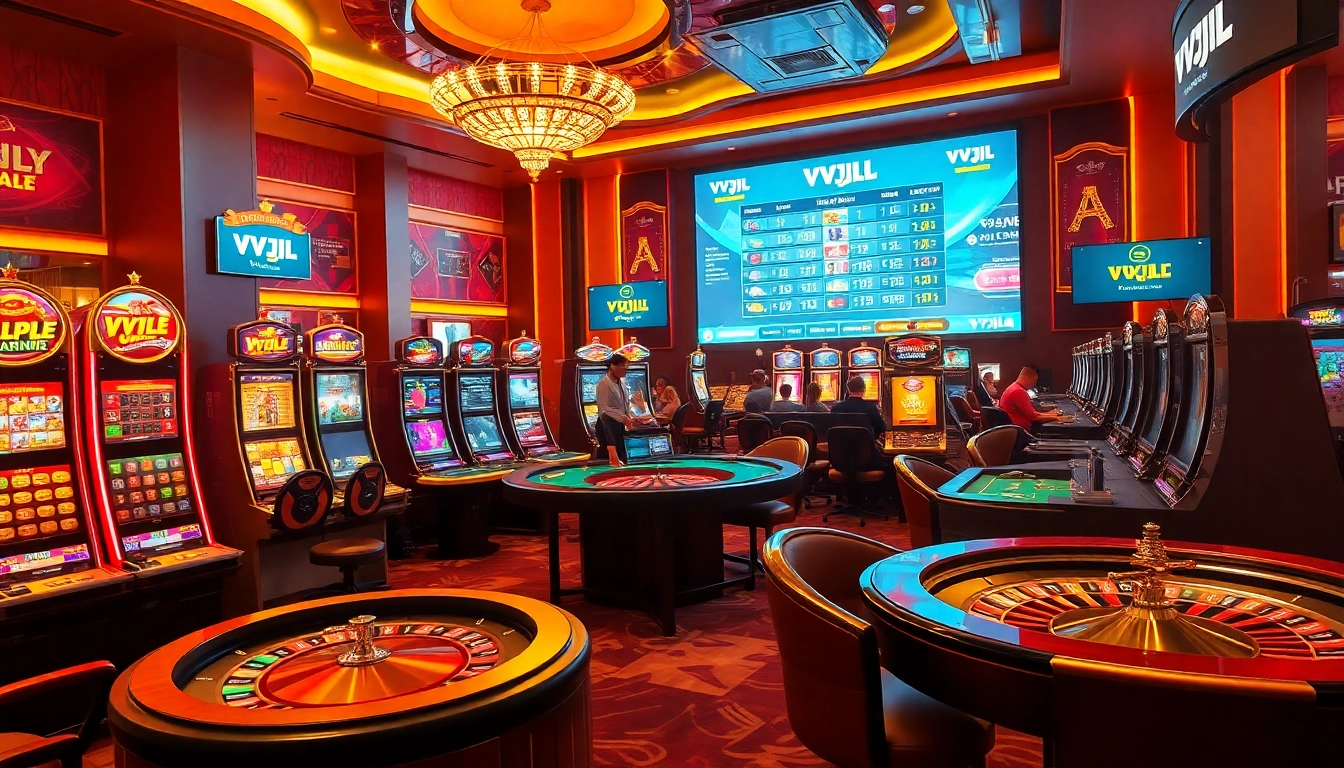 Betting at VVJL casino with vibrant slot machines, tables, and online gambling action.