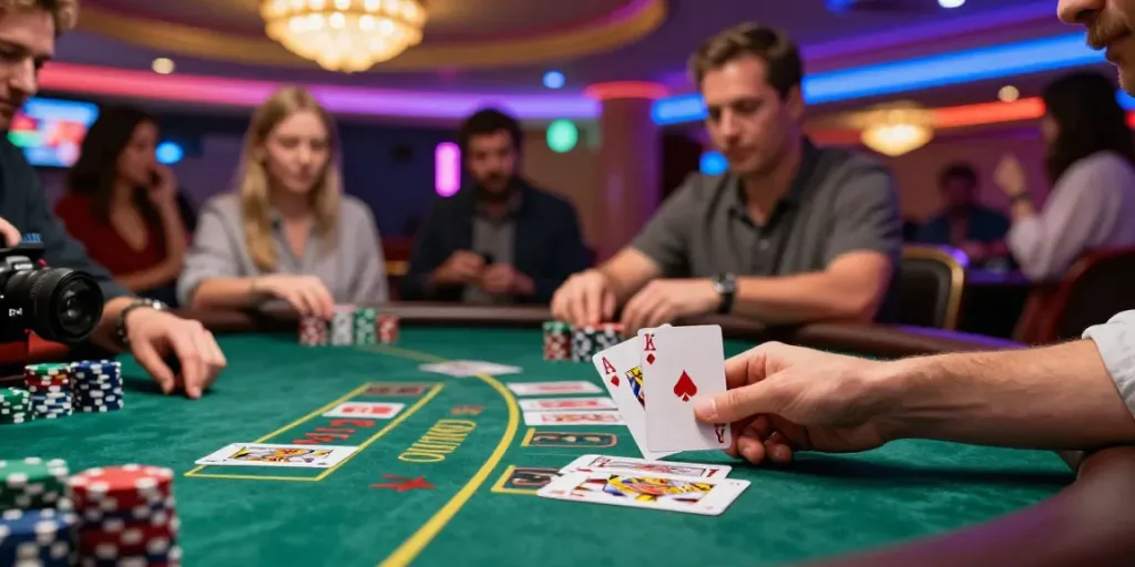 Exciting scene of 3 2 blackjack table in a lively casino with players engaged.