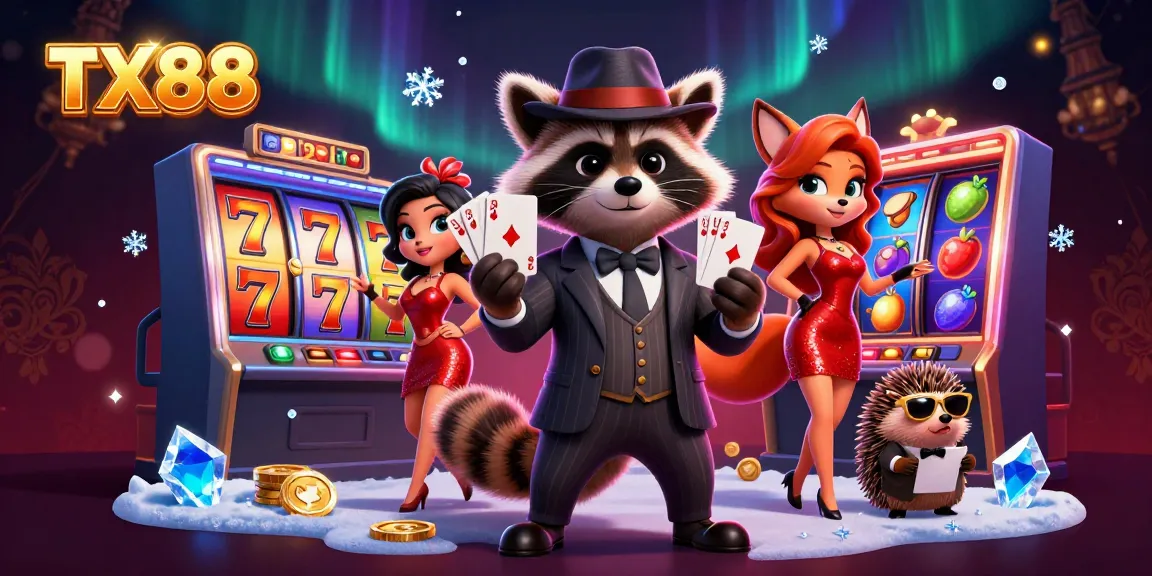 Experience TX88 with a raccoon holding a royal flush amidst dynamic slot machines and casino elements.