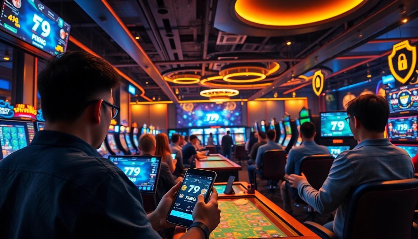Boeiende scène van de online gamingomgeving van 79king, met sportweddenschappen en casinotafels.
