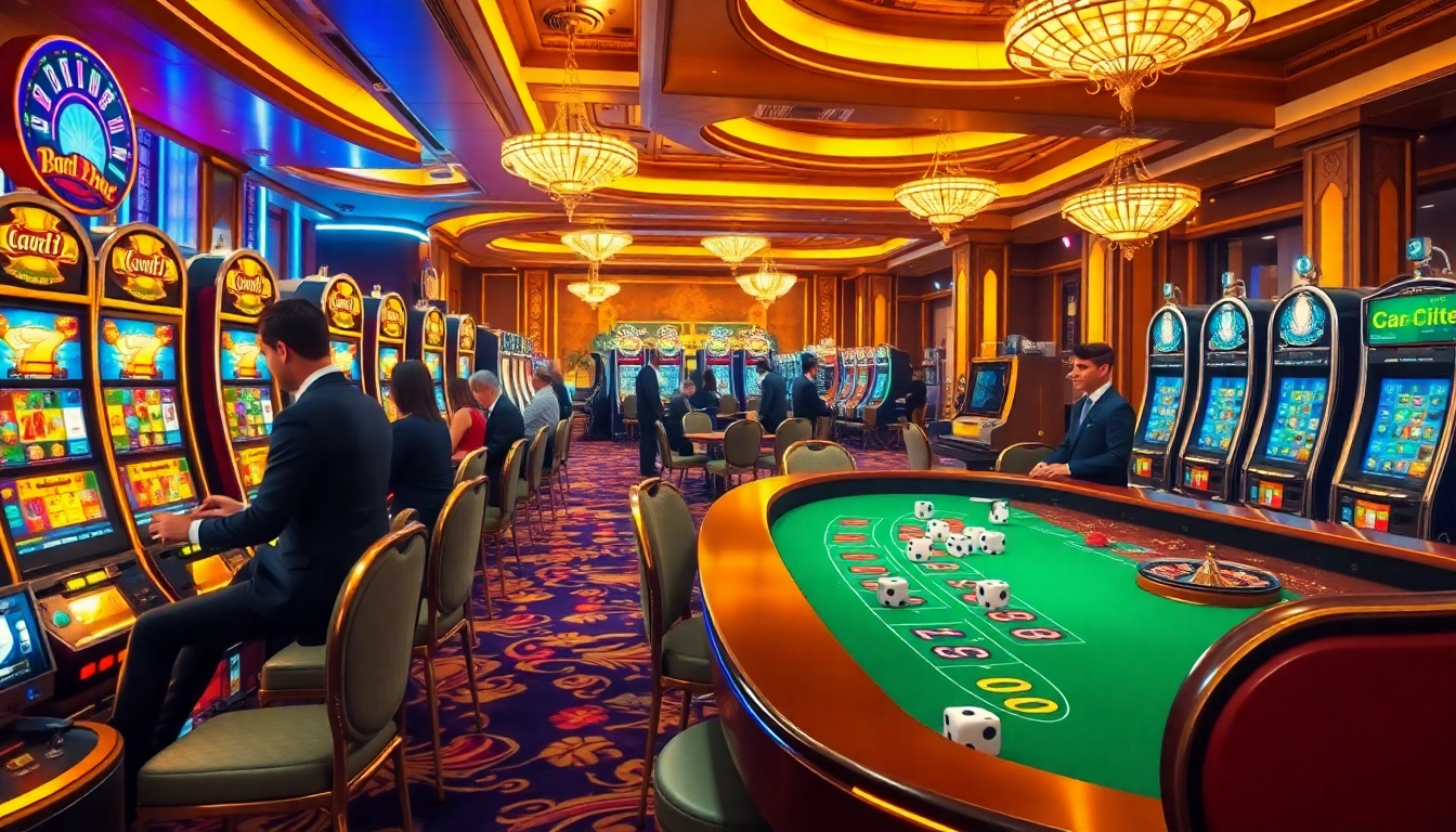 Experience slot gacor hari ini excitement with players at vibrant slot machines and roulette tables.