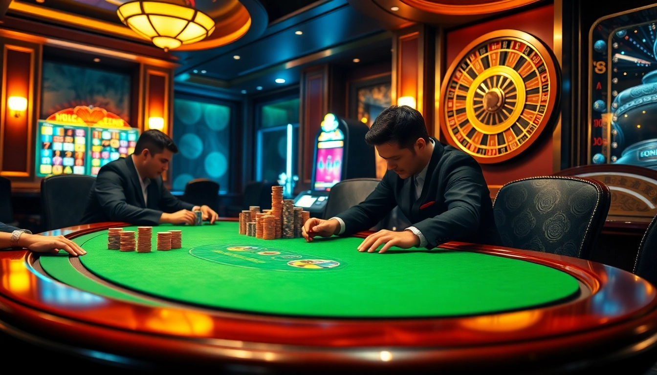 Engaging poker game action at https://mm88.nl/ showcases luxury and excitement in a vibrant casino setting.