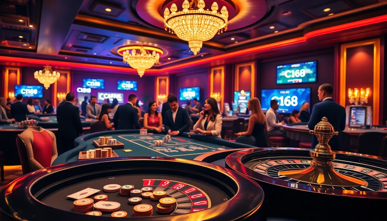 C168 casino with poker table, chips, and a lively atmosphere depicting excitement and gambling action.