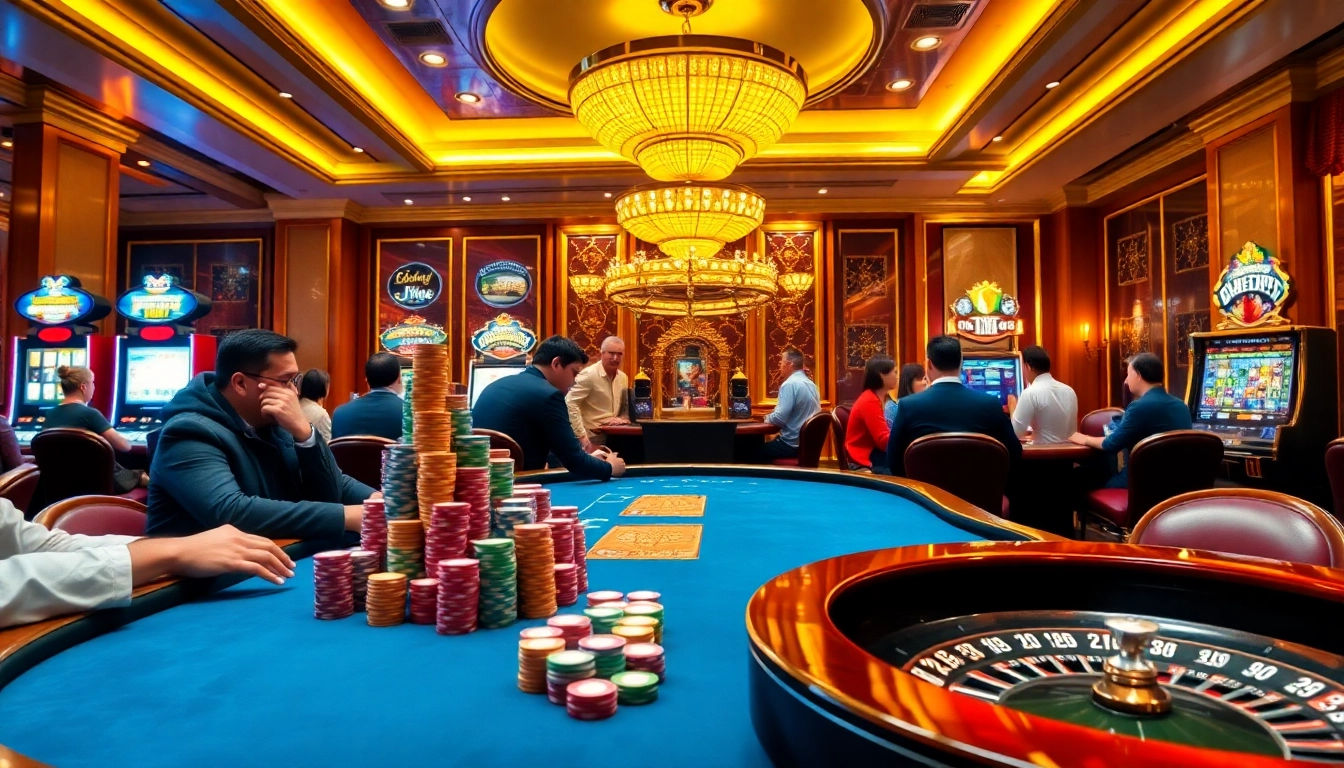 Engaging poker game at MM88 casino with vibrant chips and bright slot machines.