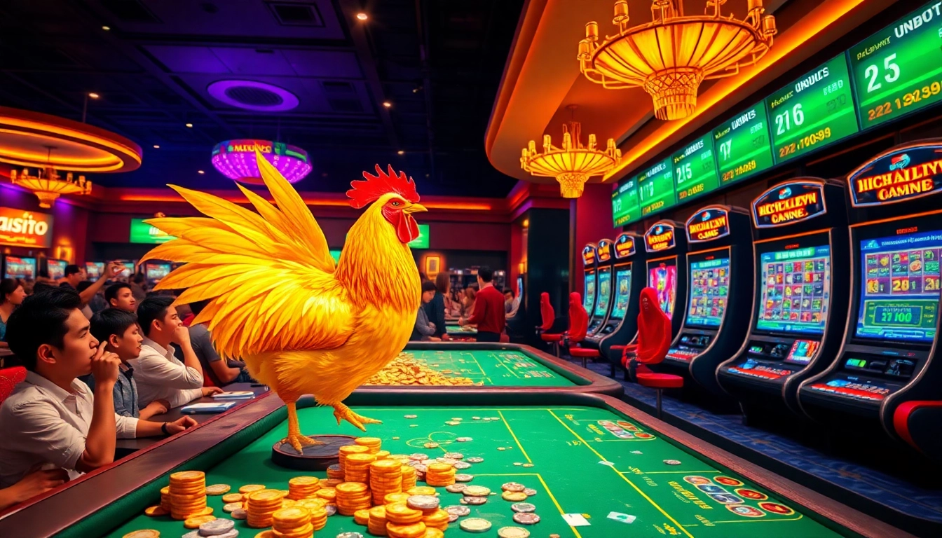 Experience the thrill of Đá Gà Thomo BJ888 in a vibrant gambling setting filled with casino tables and immersive action.
