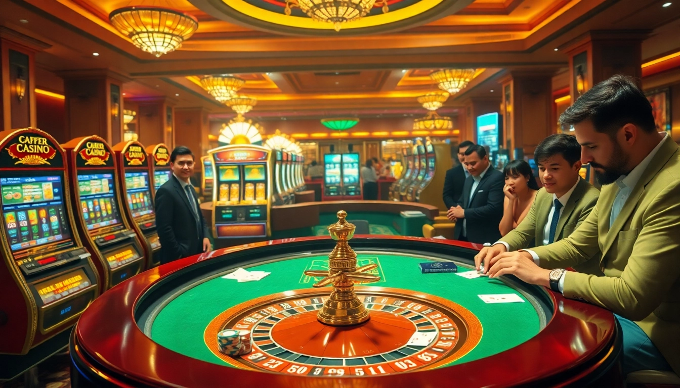 Engaging casino scene showcasing players at roulette and poker tables, highlighting https://www.vvjl11.com/ excitement.