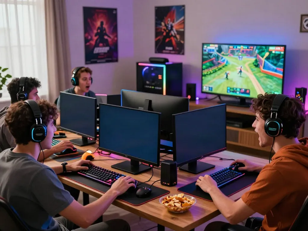 Friends enjoying akunjp gaming session in a vibrant setup.