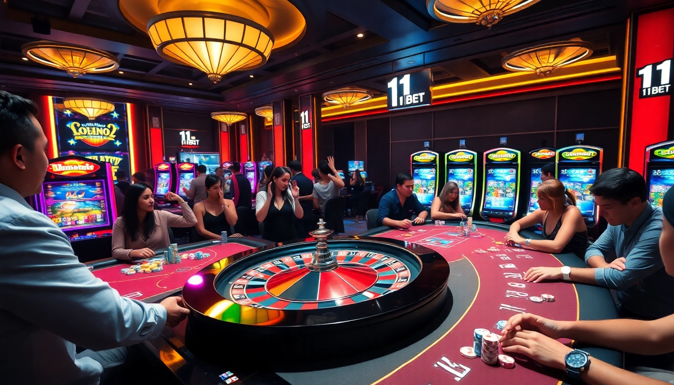 Engaged players enjoying the vibrant 11betn.com casino experience amid colorful chips and cards.