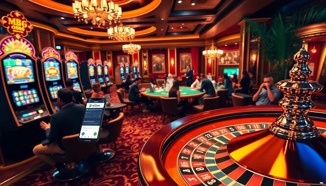 Experience gaming at https://mb668.co/ with a vibrant casino scene showcasing exciting poker and slot games.