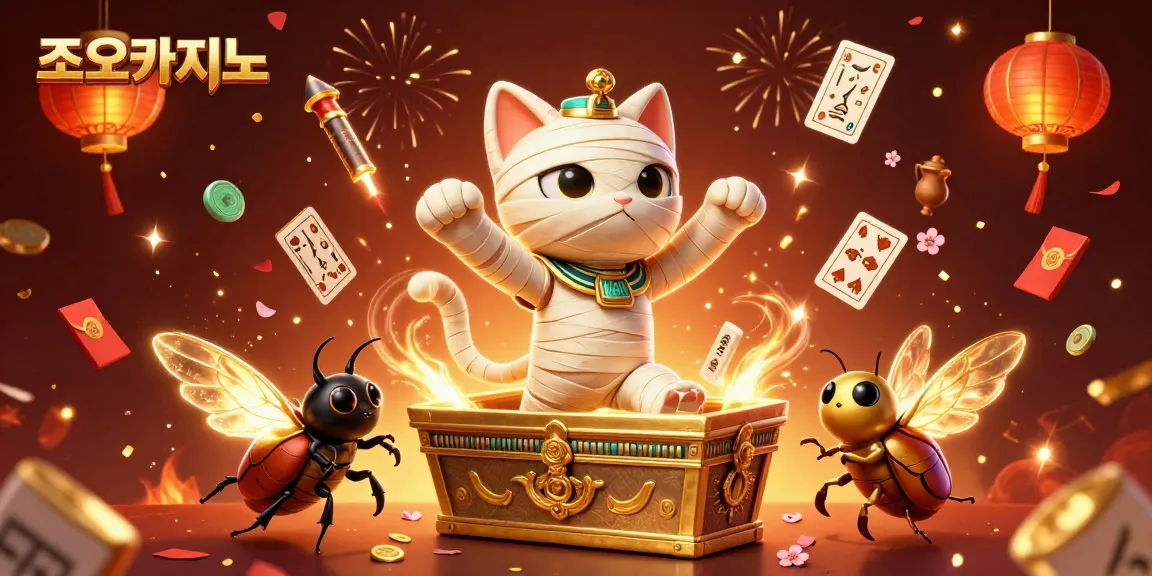 Engage with 조이카지노's vibrant world, featuring a mummy cat and glowing scarab in an exciting casino scene.