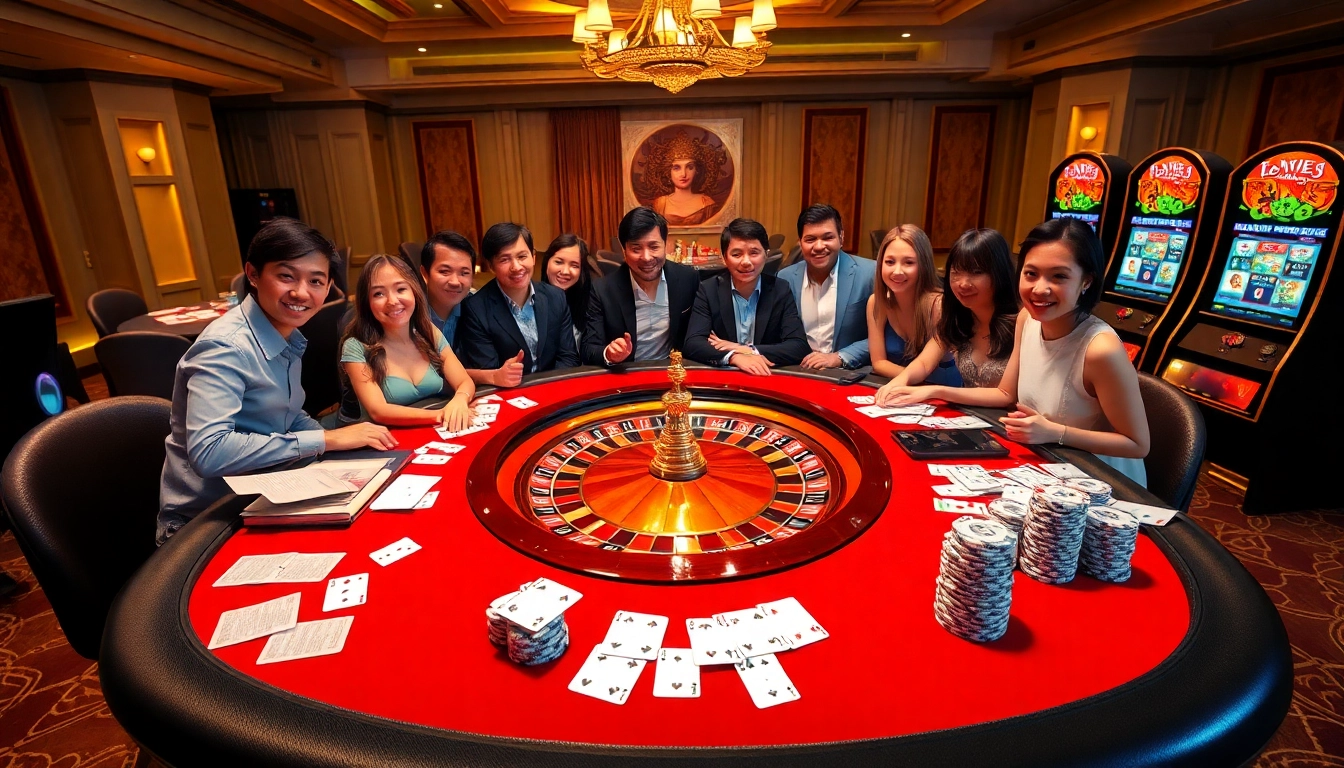 Excited gamblers at a luxury 88i casino table with roulette and poker chips.