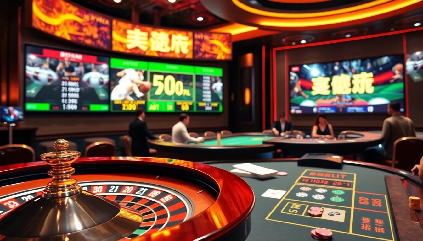 Witness thrilling real-time sports updates with a luxurious casino backdrop featuring "ผลบอลสด" and engaged gamblers.