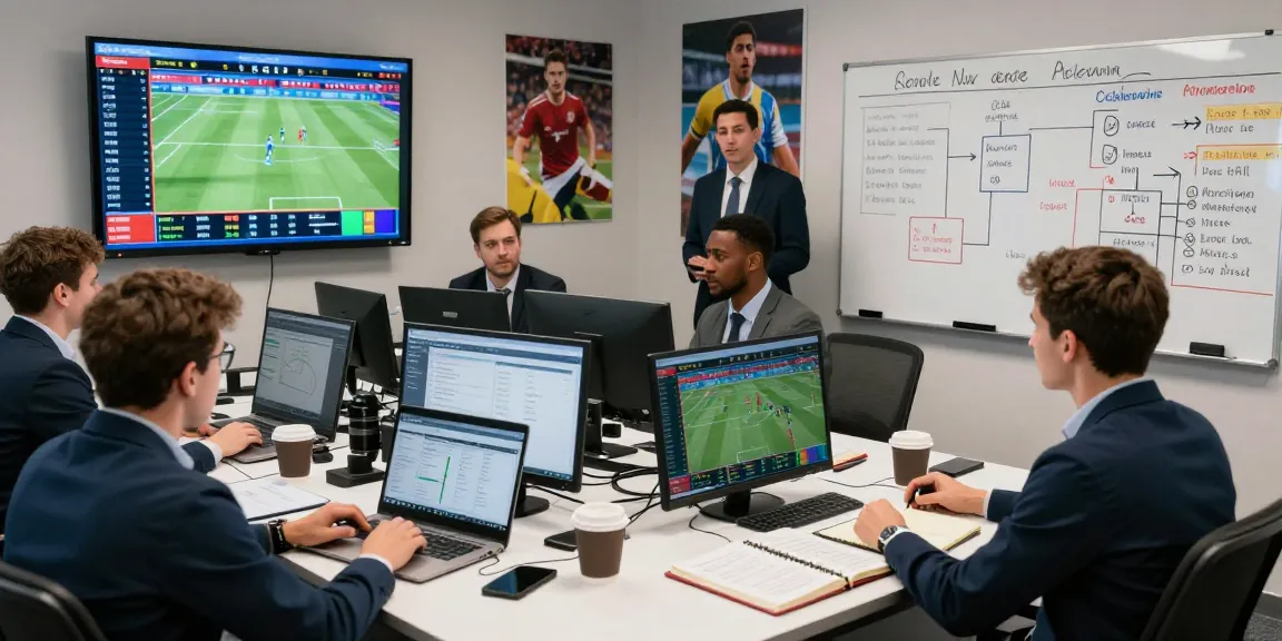 Sports analysts collaborating in a modern office while discussing soikeonhacai.com.co betting strategies and statistics.
