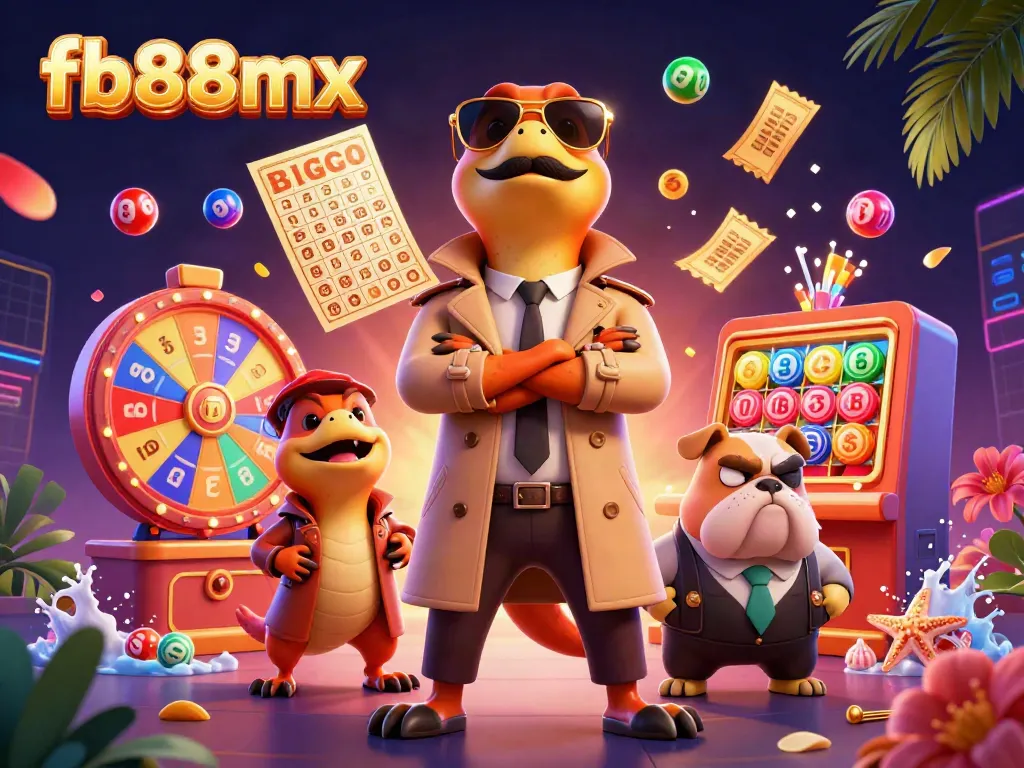Join the fun at fb88mx as raptors attempt entry into a VIP casino, surrounded by colorful lottery elements.