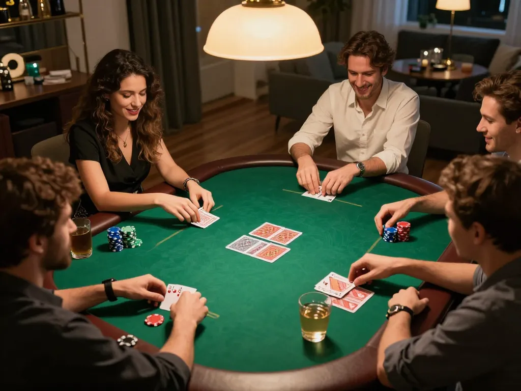 NAGA2000 players strategizing during a fun home poker night with vibrant lighting and engaged friends.