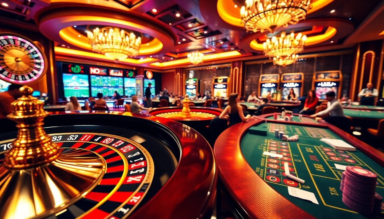 Engaging casino scene highlighting tỷ lệ bóng đá malaysia with lively games and betting action.