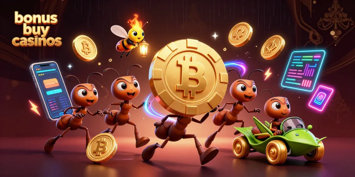 Engage with bonus buy casinos through a vibrant heist scene featuring ants and interactive casino elements.