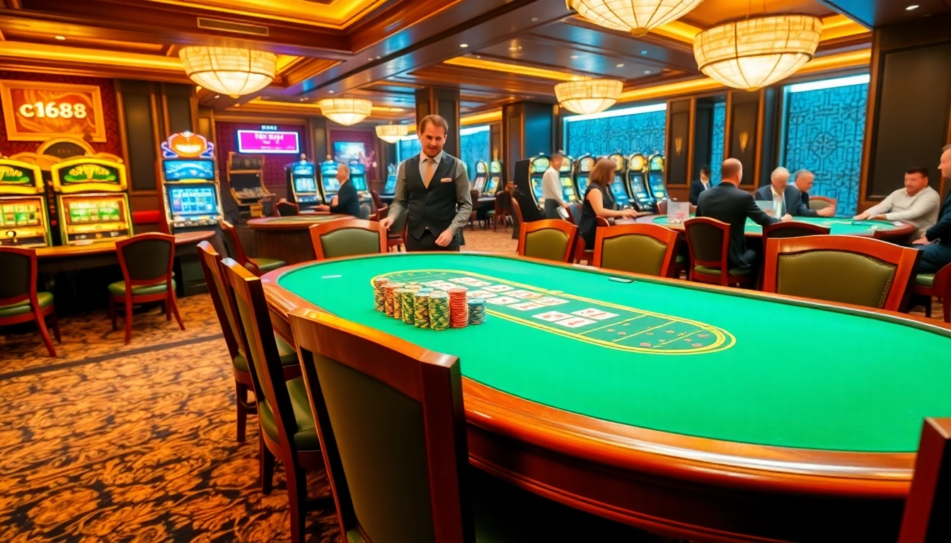 Engaging poker action in a luxurious casino featuring c1688 poker chips, dealer, and illuminated slots.