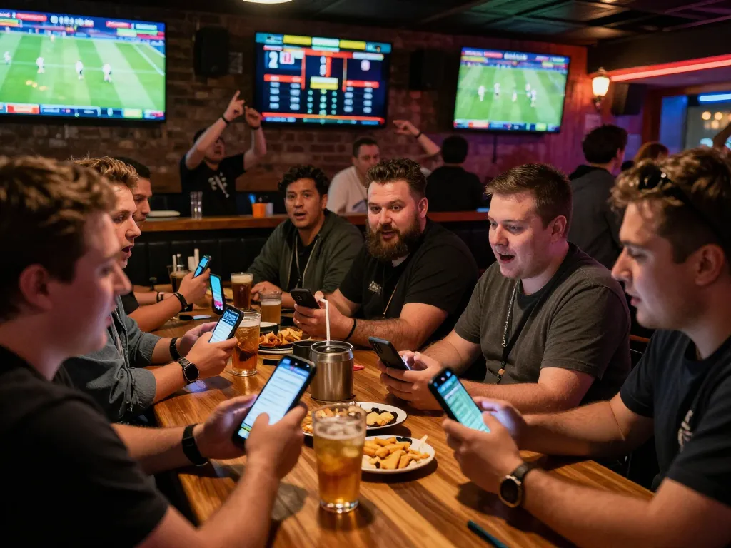 Engaged sports bettors experiencing tỷ lệ nhà cái excitement while placing bets on mobile devices in a lively bar setting