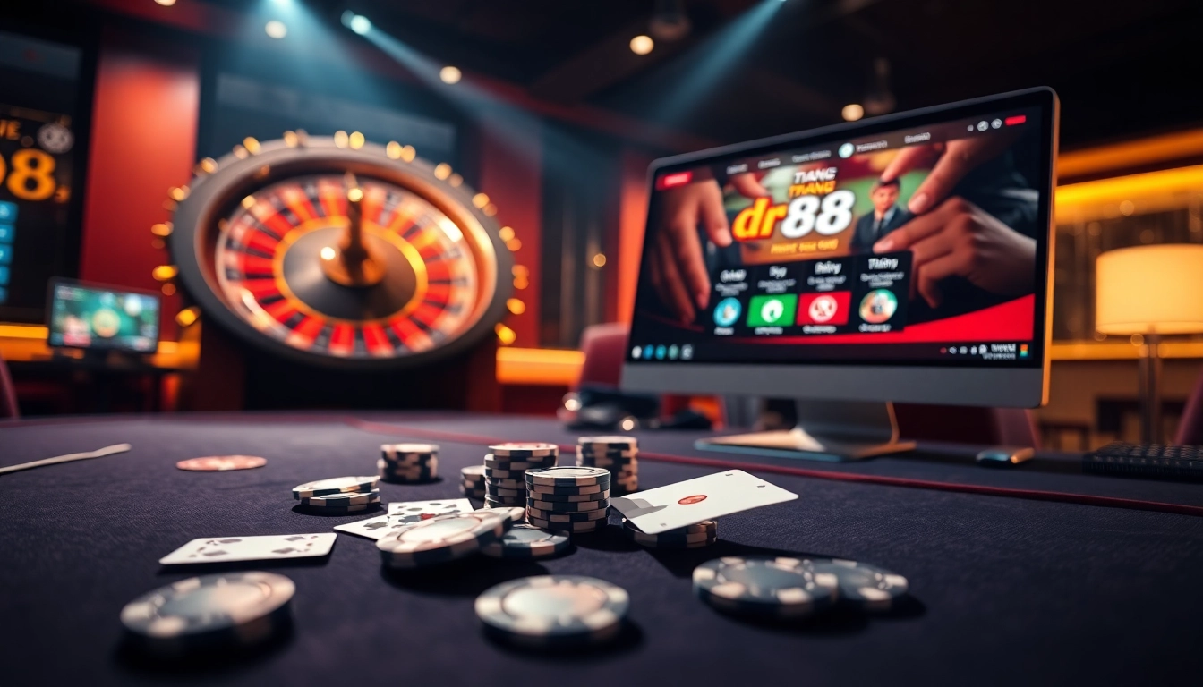 Experience high-stakes gambling at trang dr88 with vibrant poker chips and casino tables.