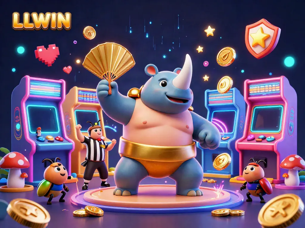 Experience LLWIN's vibrant gaming atmosphere with a sumo champion beetle amidst golden coins in a dynamic casino scene.