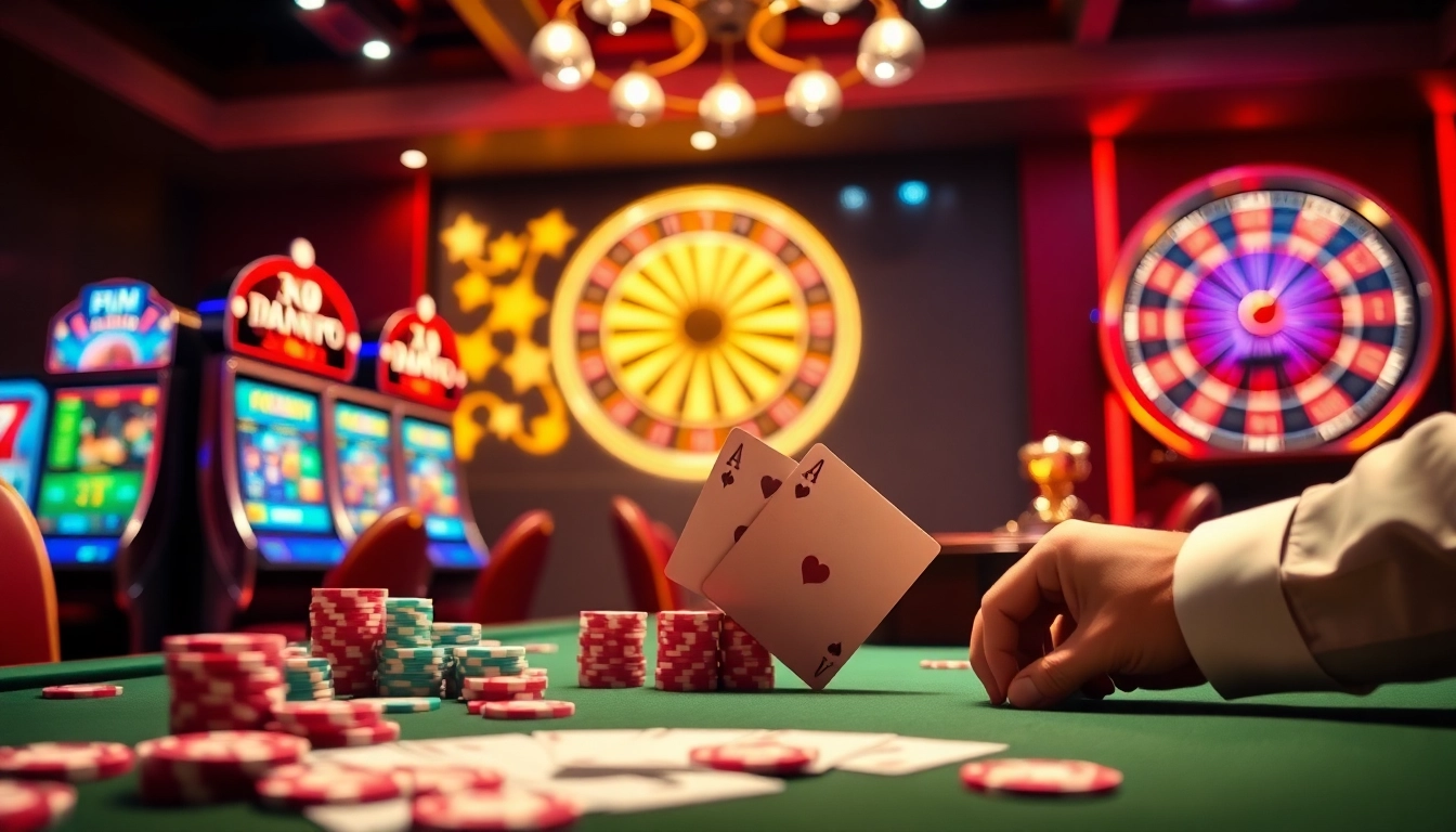 Players enjoying the thrill of gambling at rajatoto88 with slot machines and poker chips.