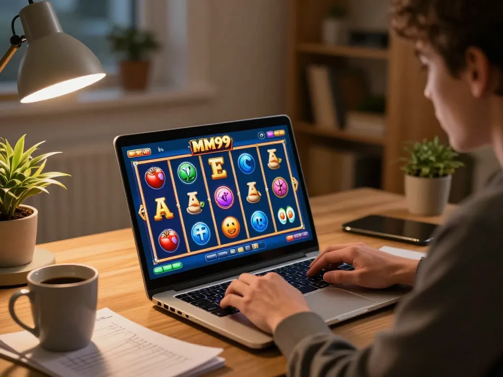 Engaging player enjoying MM99 Slot games on a laptop at home with a warm atmosphere.