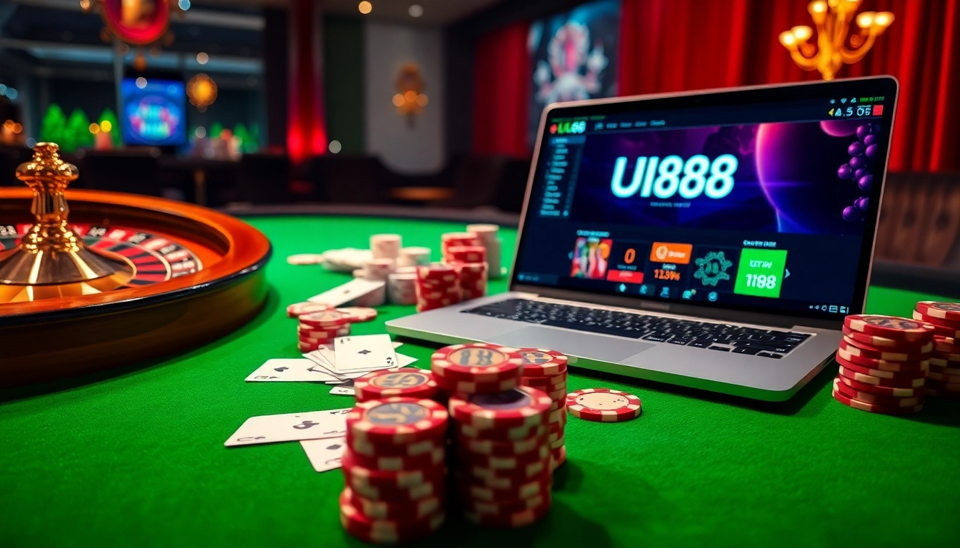 Exciting gaming action at UU88 casino featuring a roulette wheel, poker chips, and online interface.